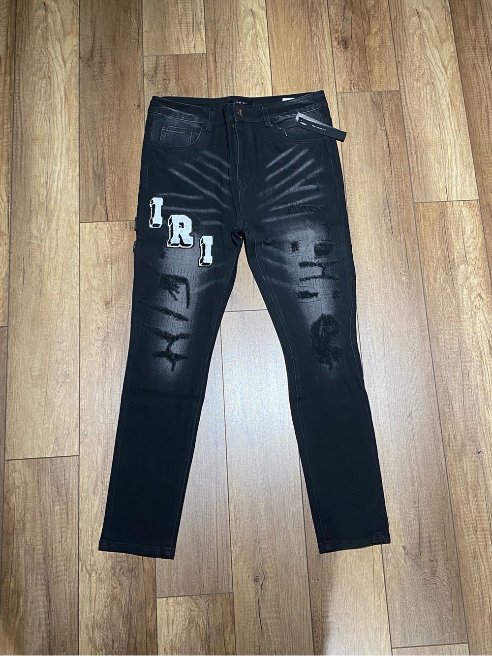Amiri Mens Ripped Black Skinny Jeans with White Fuzzy Logo Brand New